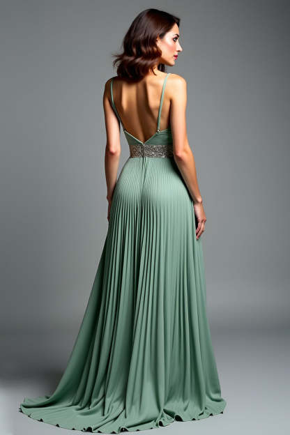 A Line Pleated V-Neck Dusty Sage Backless Prom Dress with Slit