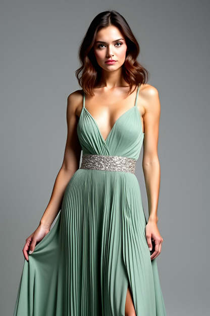 A Line Pleated V-Neck Dusty Sage Backless Prom Dress with Slit