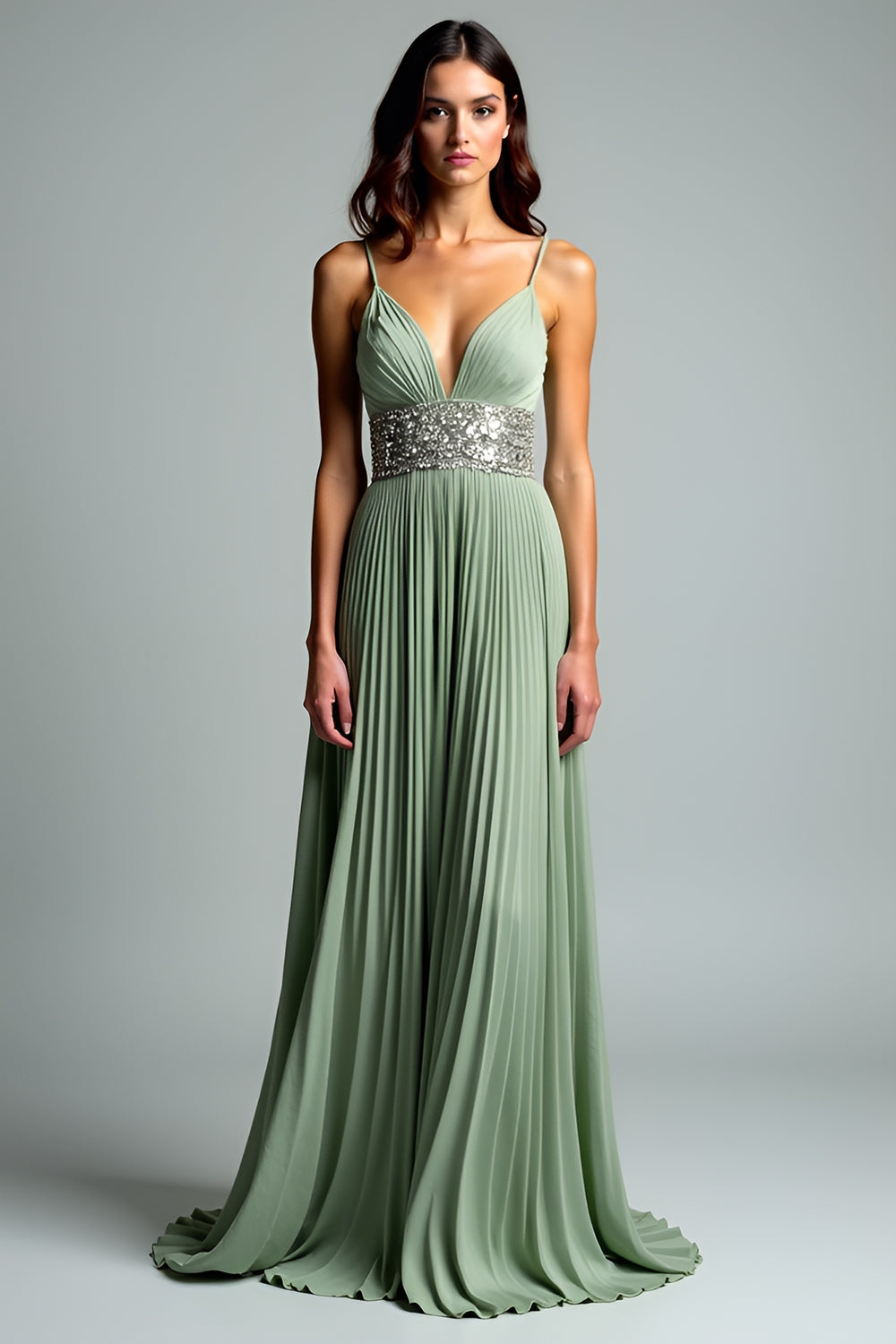 LeelySA Women Grey Green A Line Pleated Wedding Guest Dress with Sequins V Neck Spaghetti Straps Long Formal Dress