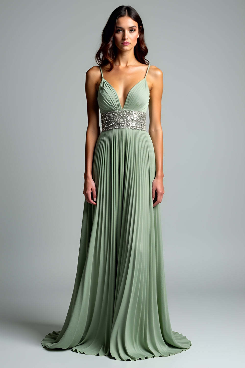 LeelySA Women Grey Green A Line Pleated Wedding Guest Dress with Sequins V Neck Spaghetti Straps Long Formal Dress
