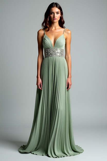 LeelySA Women Grey Green A Line Pleated Wedding Guest Dress with Sequins V Neck Spaghetti Straps Long Formal Dress