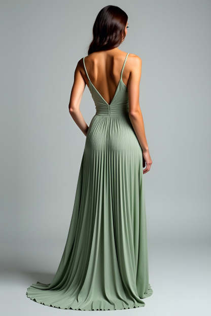 Grey Green A Line Pleated Long Wedding Guest Dress with Sequins