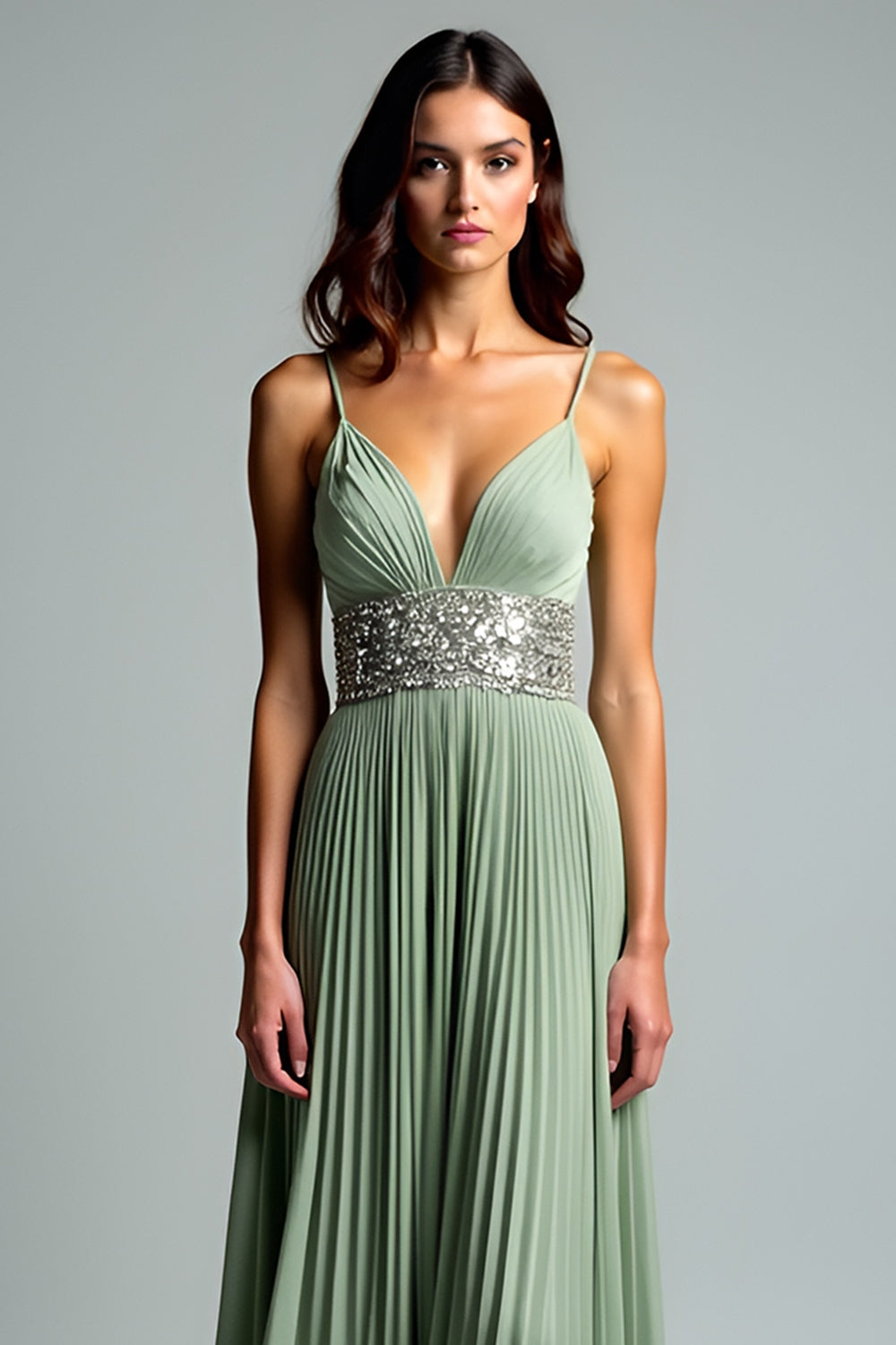 Grey Green A Line Pleated Long Wedding Guest Dress with Sequins