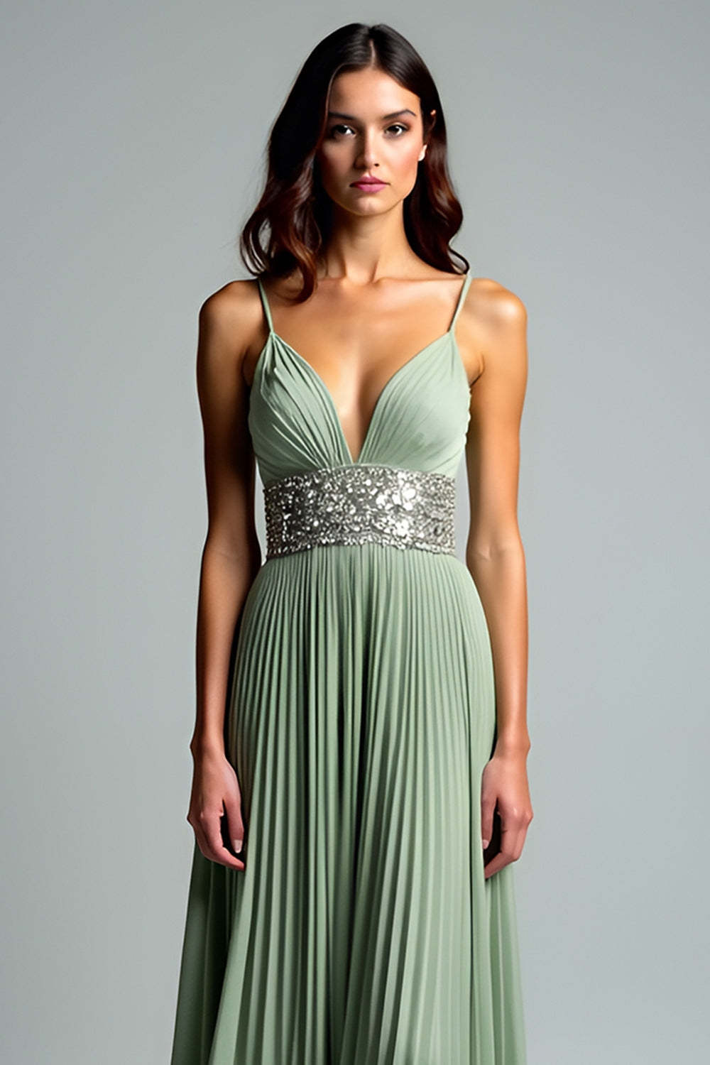Grey Green A Line Pleated Long Wedding Guest Dress with Sequins