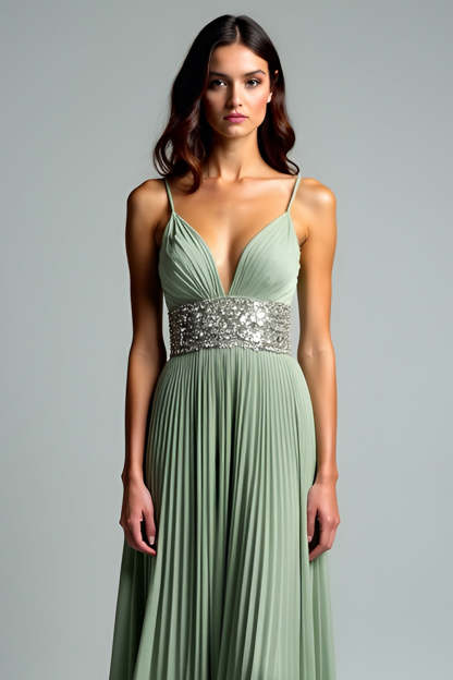 Grey Green A Line Pleated Long Wedding Guest Dress with Sequins