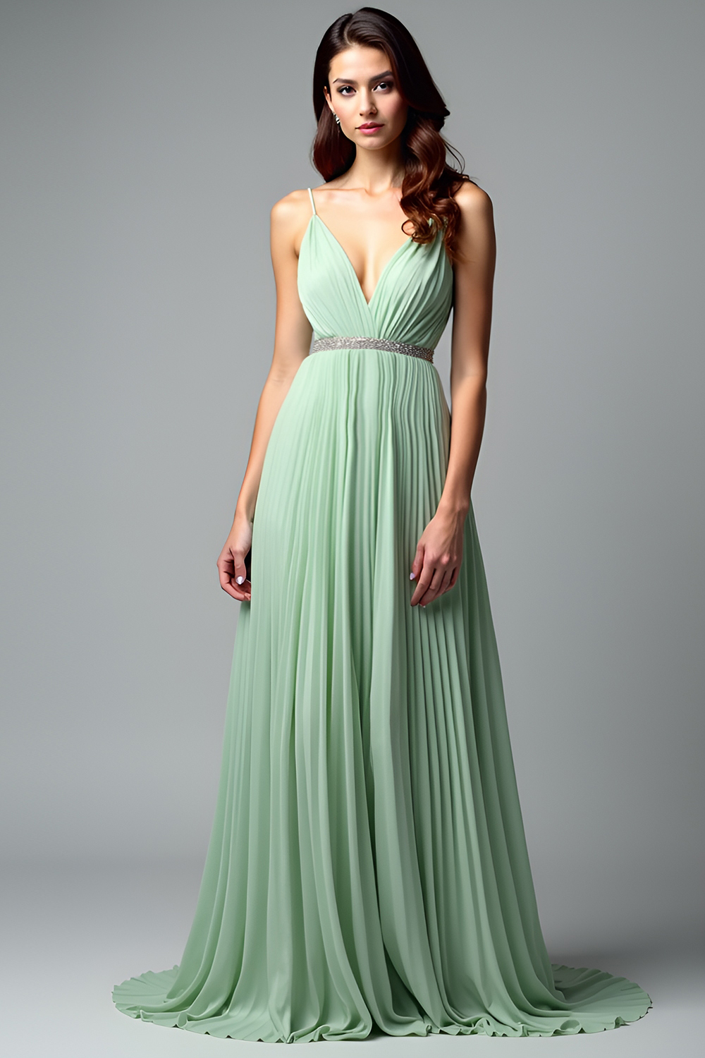 Leely Women Flowy Light Green A Line Wedding Guest Dress Pleated V-Neck Spaghetti Straps Long Formal Dress