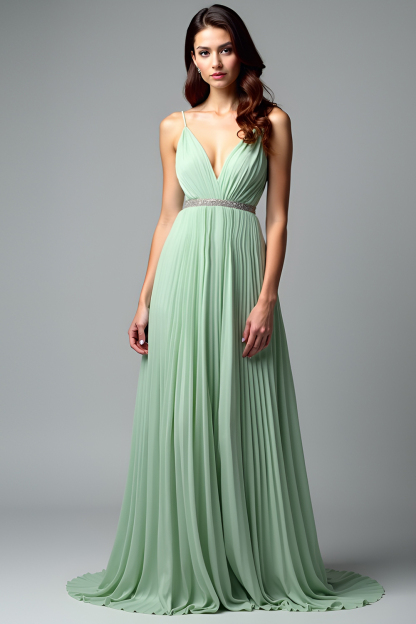 Leely Women Flowy Light Green A Line Wedding Guest Dress Pleated V-Neck Spaghetti Straps Long Formal Dress