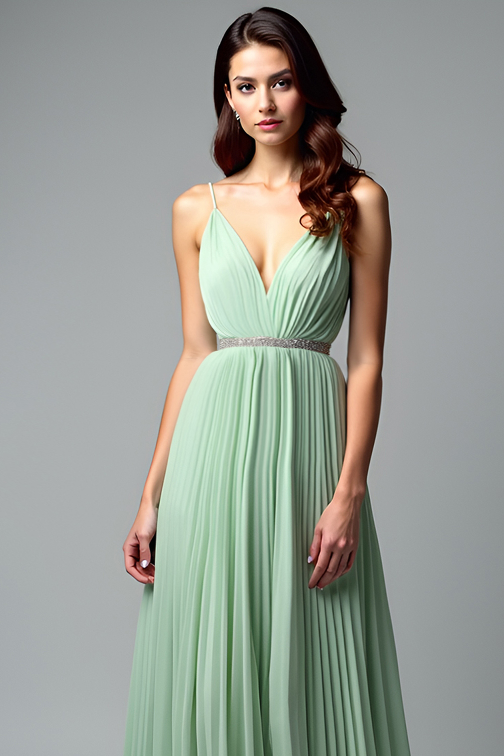 Light Green V Neck Pleated A Line Long Wedding Guest Dress