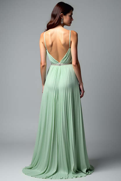 Light Green V Neck Pleated A Line Long Wedding Guest Dress