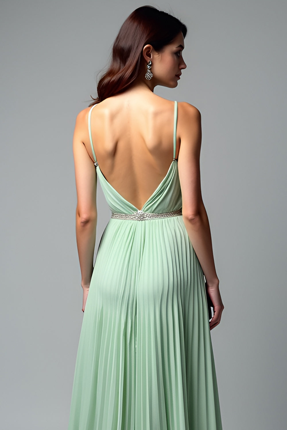 Light Green V Neck Pleated A Line Long Wedding Guest Dress