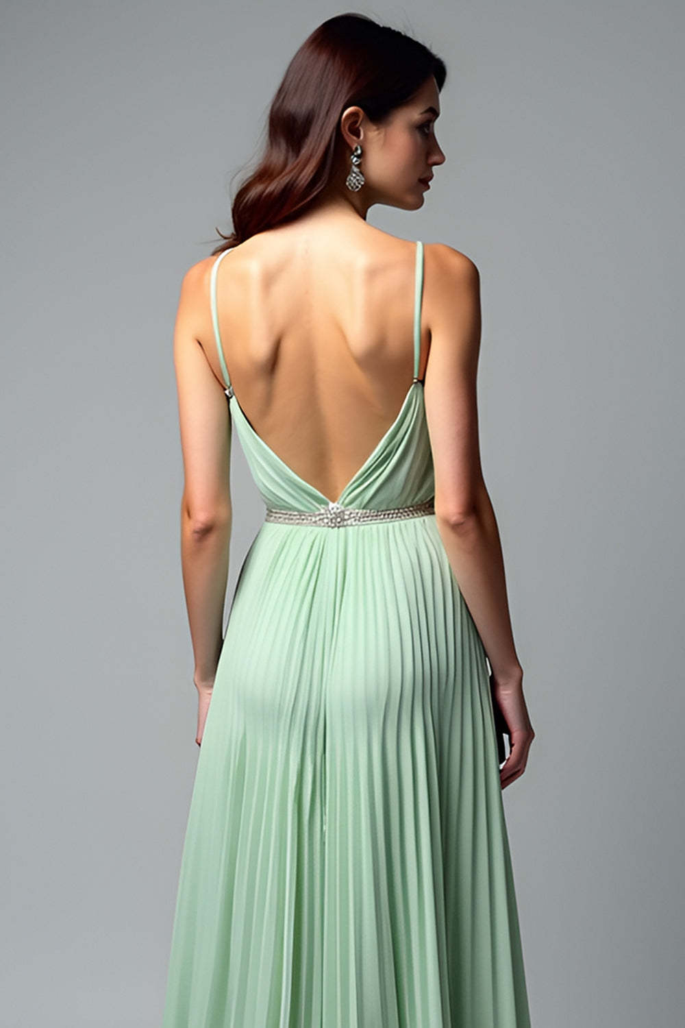 Light Green V Neck Pleated A Line Long Wedding Guest Dress
