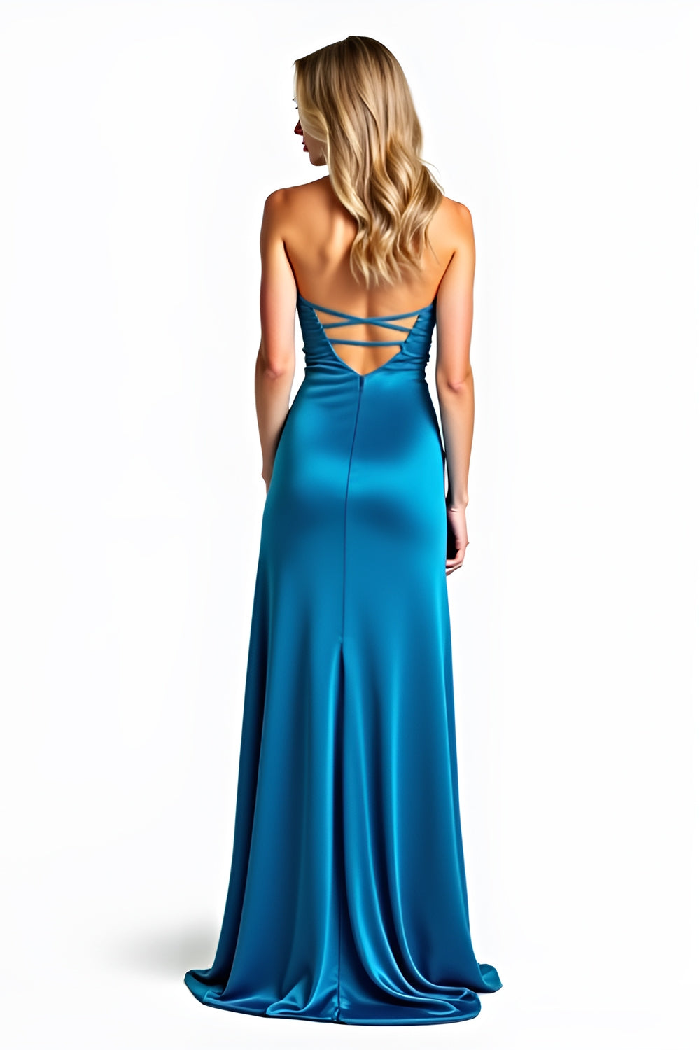 Blue Strapless Corset Sheath Beading Long Prom Dress with Slit