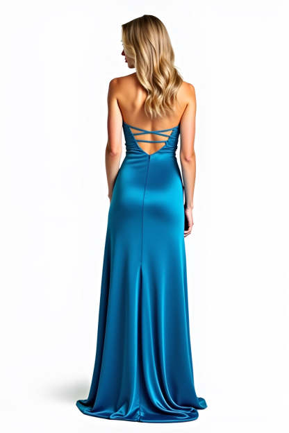 Blue Strapless Corset Sheath Beading Long Prom Dress with Slit