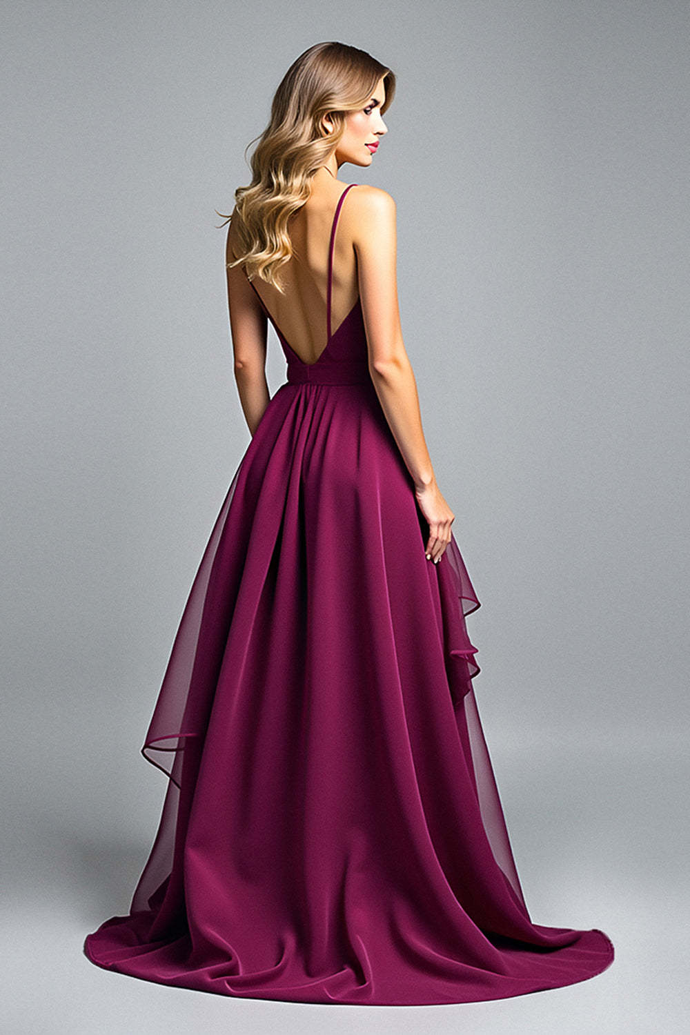 Flowy Dark Purple A Line Tiered High Low Ruffled Formal Dress