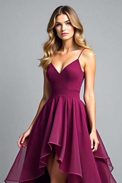 Flowy Dark Purple A Line Tiered High Low Ruffled Formal Dress