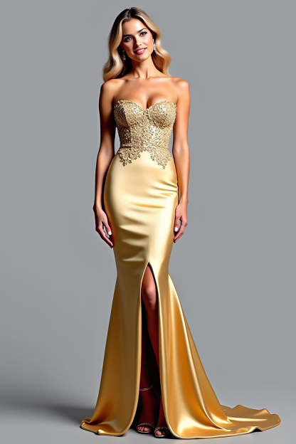 Leely Women Mermaid Corset Appliqued Golden Prom Dress with Slit Sweetheart Backless Floor Length Formal Dress