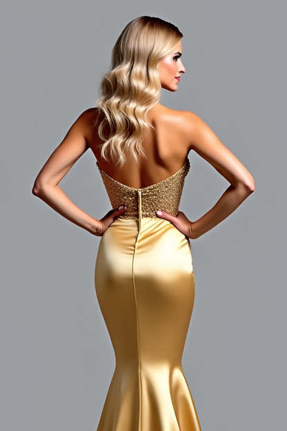 Mermaid Corset Sweetheart Appliqued Golden Prom Dress with Slit