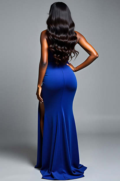Sparkly Royal Blue One Shoulder Sequins Sheath Long Prom Dress with Slit