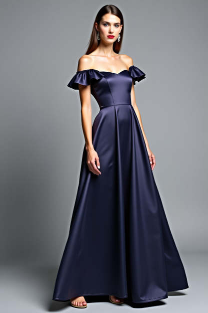 Leely Women Navy A Line Satin Wedding Guest Dress Off the Shoulder Ruffled Long Formal Dress