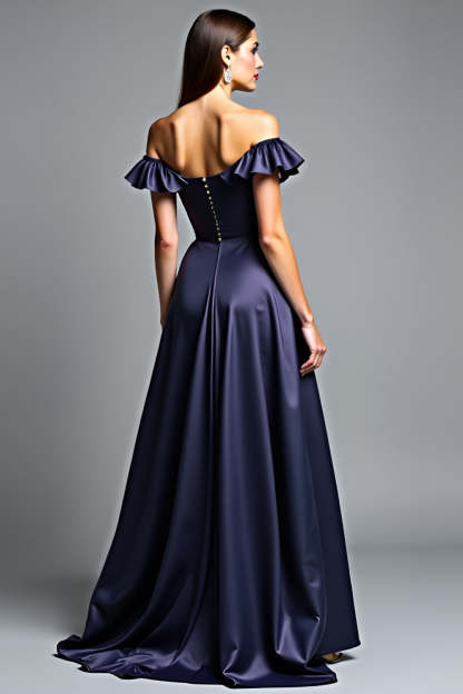 Navy Off the Shoulder A Line Ruffled Long Wedding Guest Dress