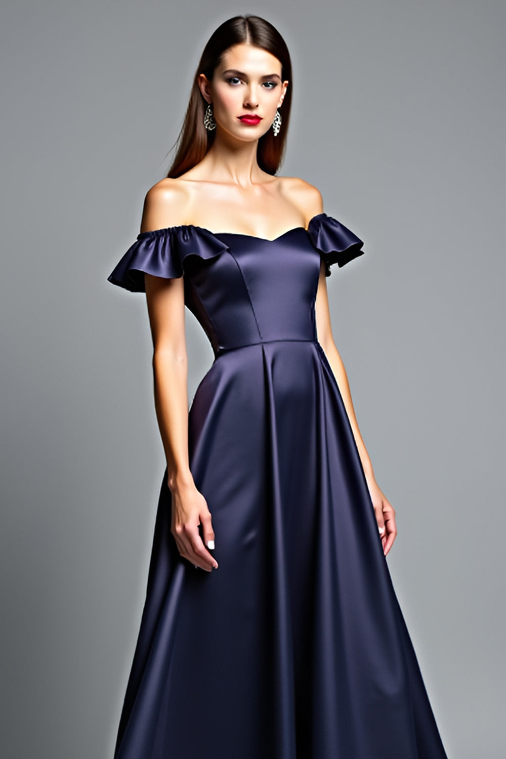 Navy Off the Shoulder A Line Ruffled Long Wedding Guest Dress