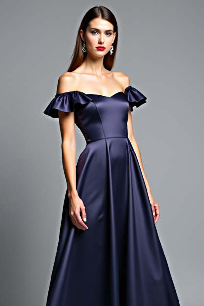Navy Off the Shoulder A Line Ruffled Long Wedding Guest Dress