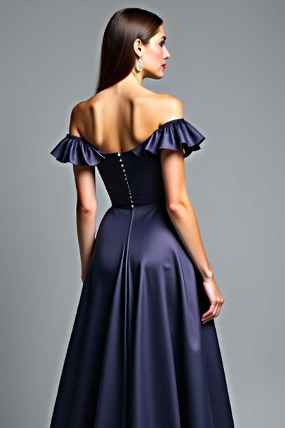 Navy Off the Shoulder A Line Ruffled Long Wedding Guest Dress