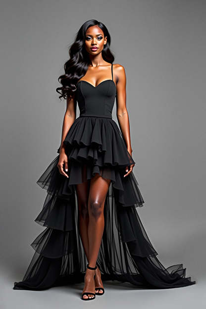 Leely Women A Line Black Tiered High Low Prom Dress with Ruffles Spaghetti Straps Sweep Train Formal Dress