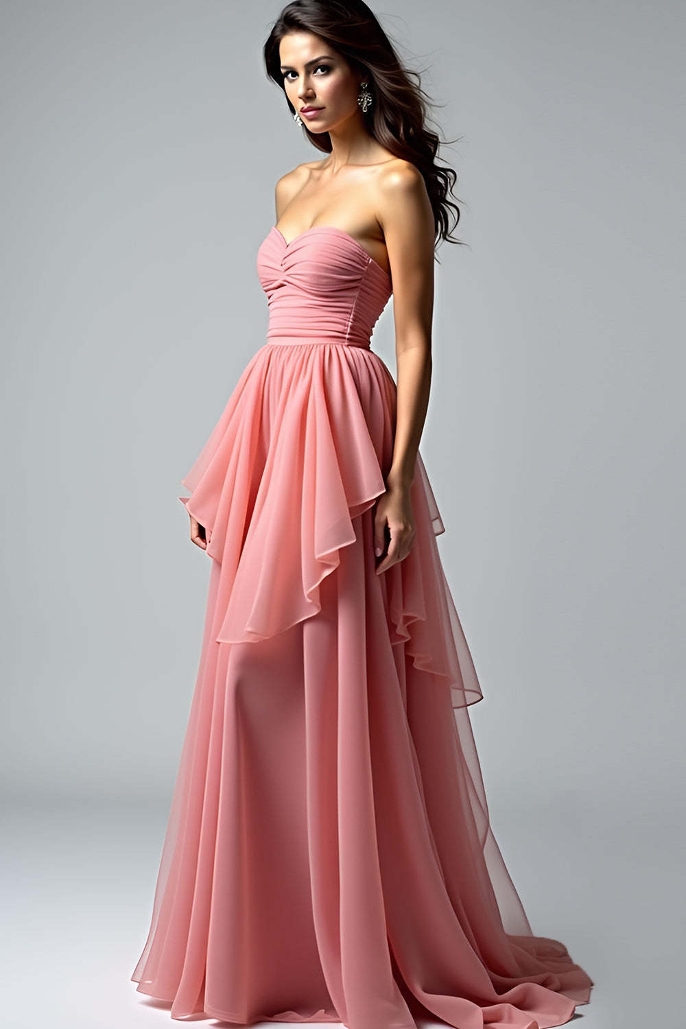 Leely Women Dusty Rose Sweetheart Ruffled Prom Dress Strapless Tiered Backless A Line Long Formal Dress