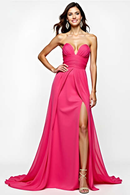 Leely Women A Line Sweetheart Fuchsia Prom Dress with Slit Ruched Strapless Chiffon Long Formal Dress