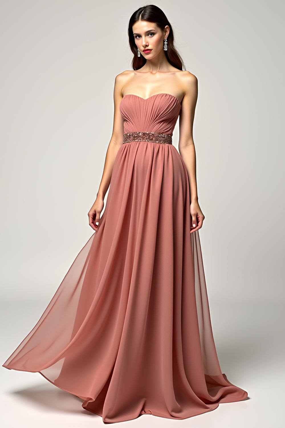 Leely Women Sweetheart Brown A Line Wedding Guest Dress High Waist Chiffon Long Formal Dress