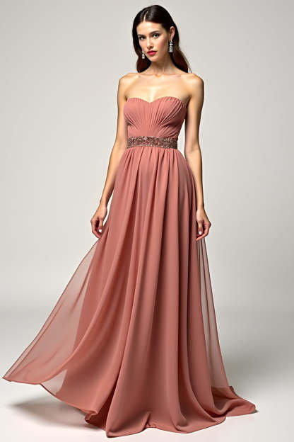Leely Women Sweetheart Brown A Line Wedding Guest Dress High Waist Chiffon Long Formal Dress