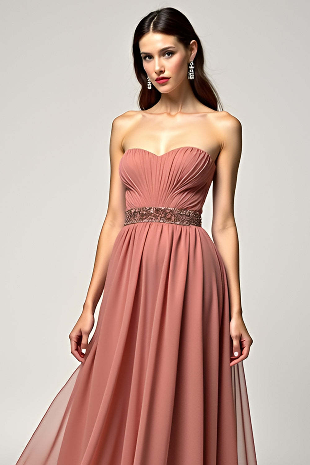 Brown A Line Sweetheart High Waist Long Wedding Guest Dress