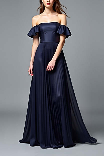 Leely Women Navy A Line Chiffon Formal Dress with Ruffles Off the Shoulder Pleated Strapless Long Prom Dress