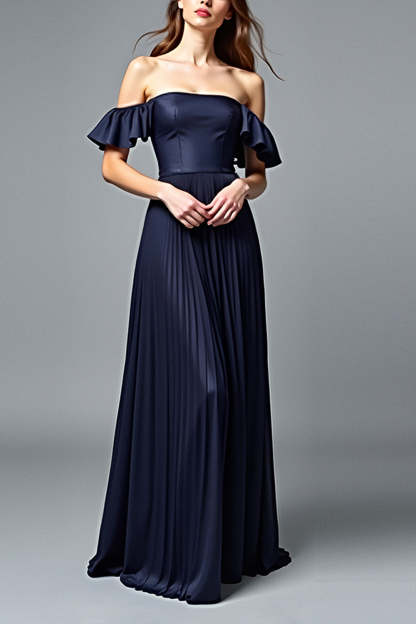 Navy A Line Strapless Pleated Formal Dress with Ruffles