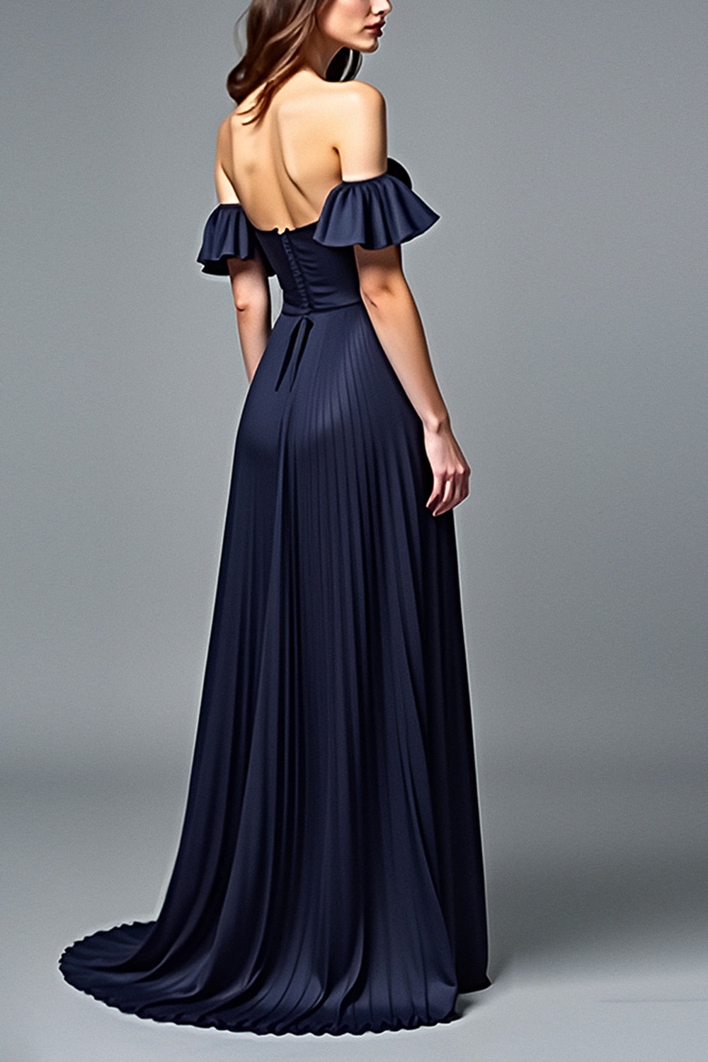 Navy A Line Strapless Pleated Formal Dress with Ruffles