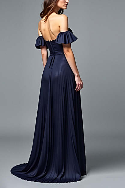 Navy A Line Strapless Pleated Formal Dress with Ruffles