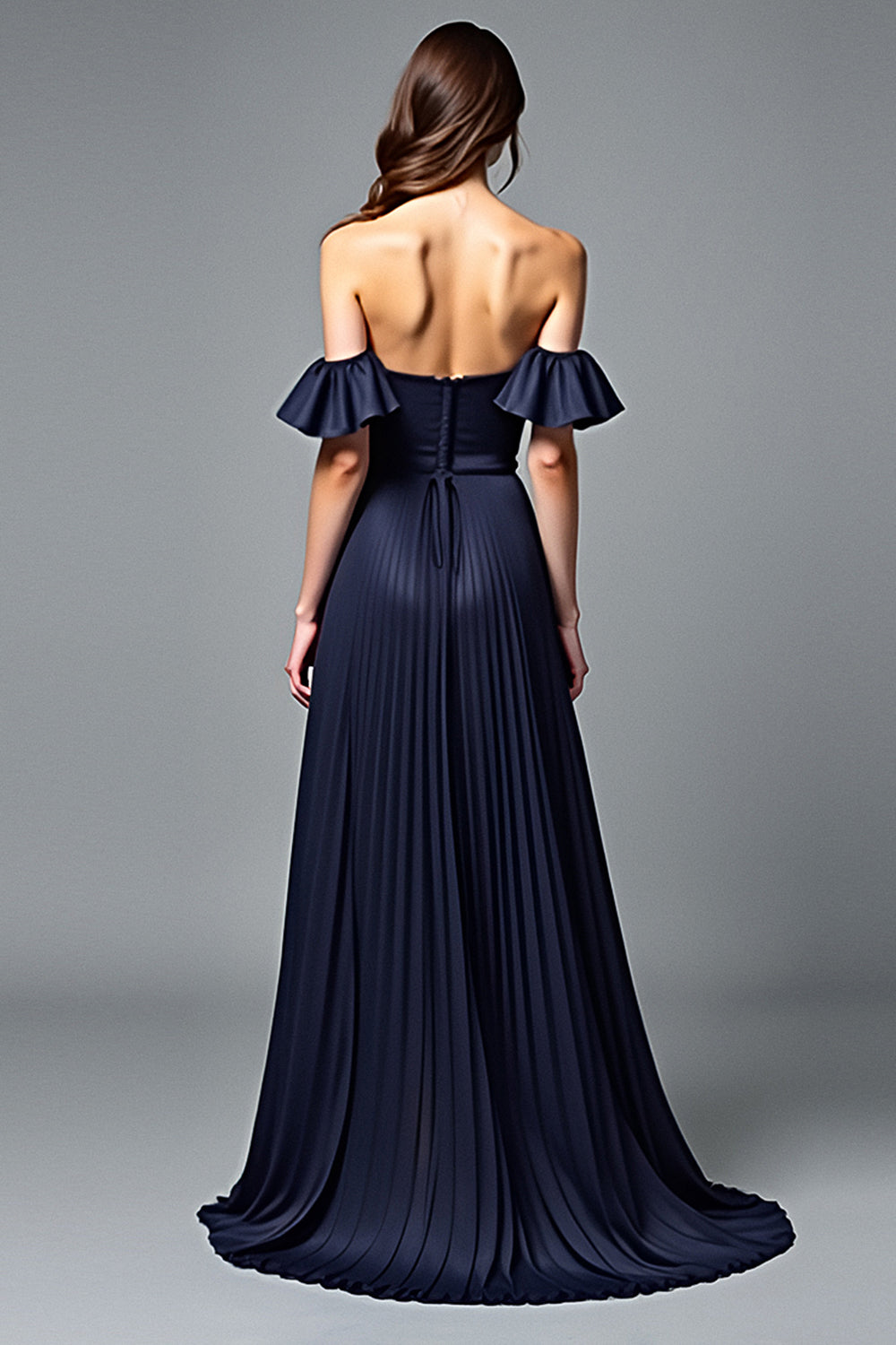 Navy A Line Strapless Pleated Formal Dress with Ruffles