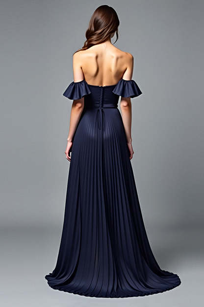 Navy A Line Strapless Pleated Formal Dress with Ruffles