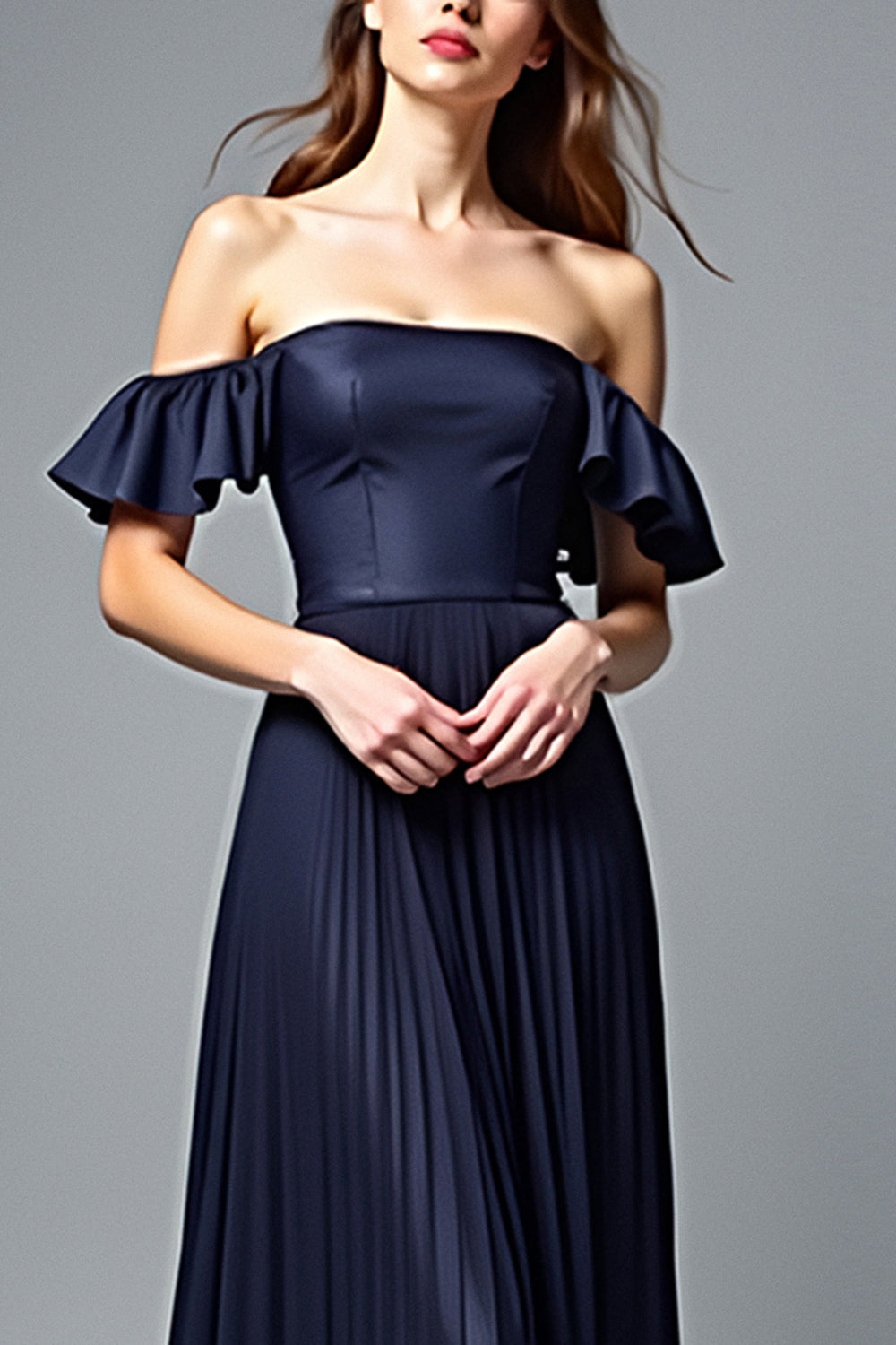 Navy A Line Strapless Pleated Formal Dress with Ruffles