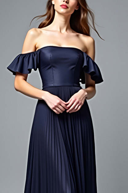 Navy A Line Strapless Pleated Formal Dress with Ruffles