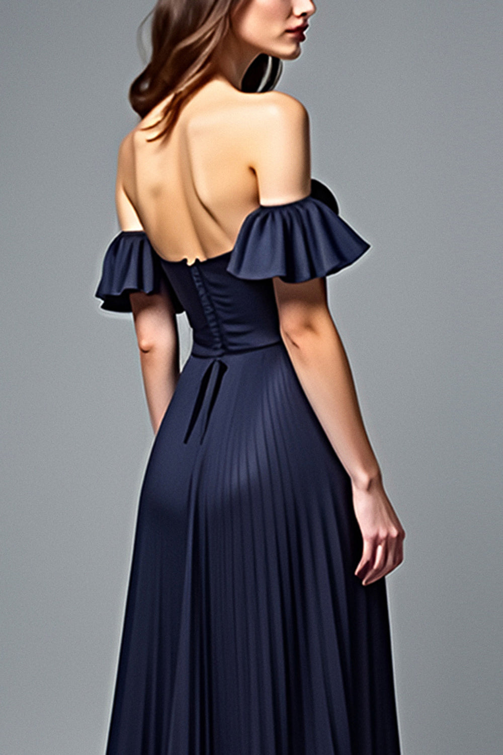 Navy A Line Strapless Pleated Formal Dress with Ruffles
