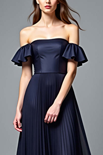 Navy A Line Strapless Pleated Formal Dress with Ruffles
