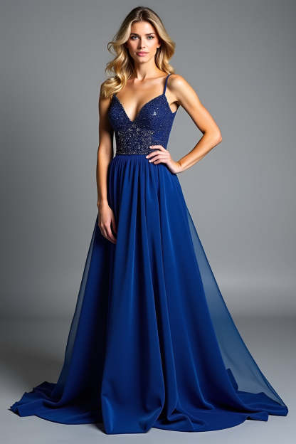 Leely Women Glitter A Line Royal Blue Pleated Wedding Guest Dress Beaded Spaghetti Straps Chiffon V-Neck Long Formal Dress