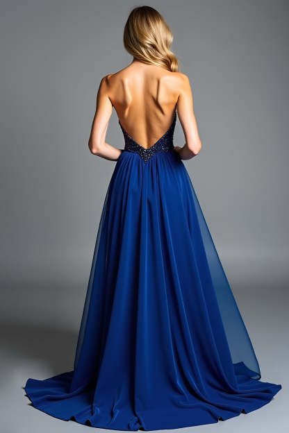 Glitter Royal Blue Spaghetti Straps A Line Pleated Wedding Guest Dress