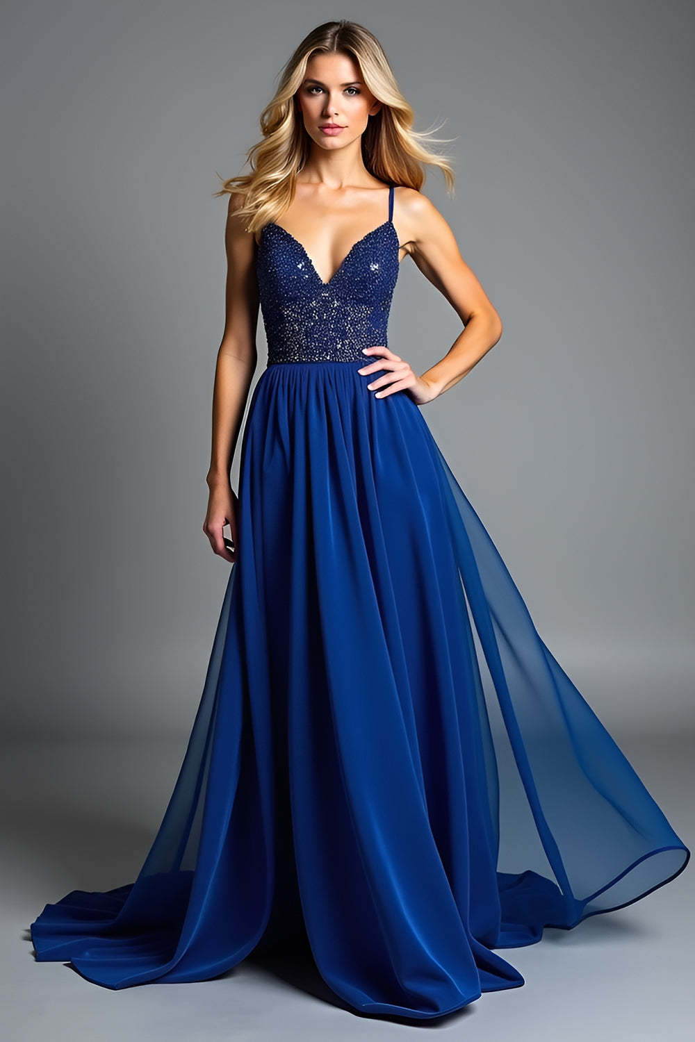 Glitter Royal Blue Spaghetti Straps A Line Pleated Wedding Guest Dress