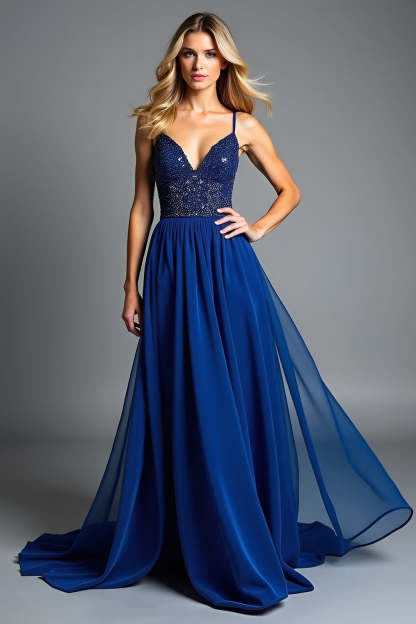 Glitter Royal Blue Spaghetti Straps A Line Pleated Wedding Guest Dress