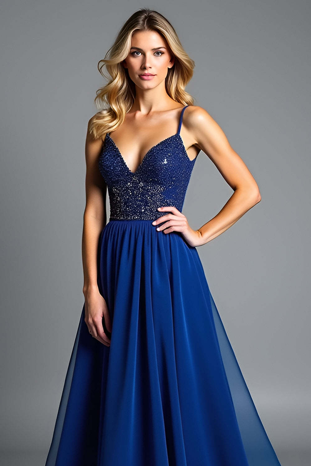 Glitter Royal Blue Spaghetti Straps A Line Pleated Wedding Guest Dress