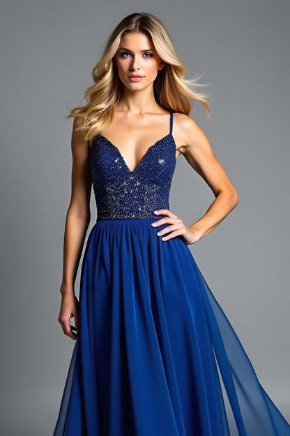 Glitter Royal Blue Spaghetti Straps A Line Pleated Wedding Guest Dress