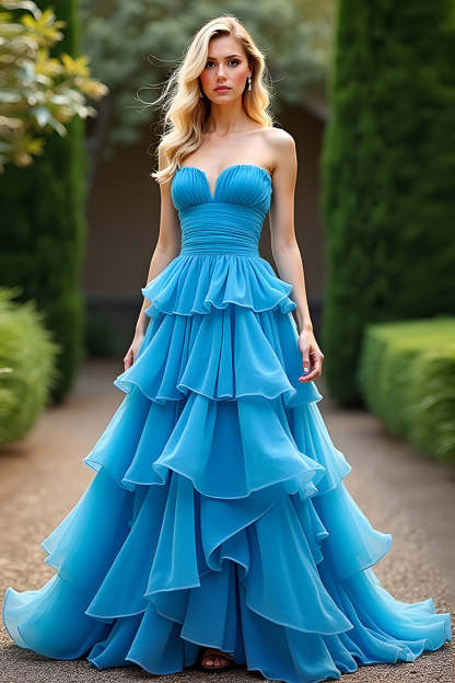 Leely Women Blue Strapless A Line Chiffon Long Prom Dress with Ruffles Tiered Sweetheart Formal Dress